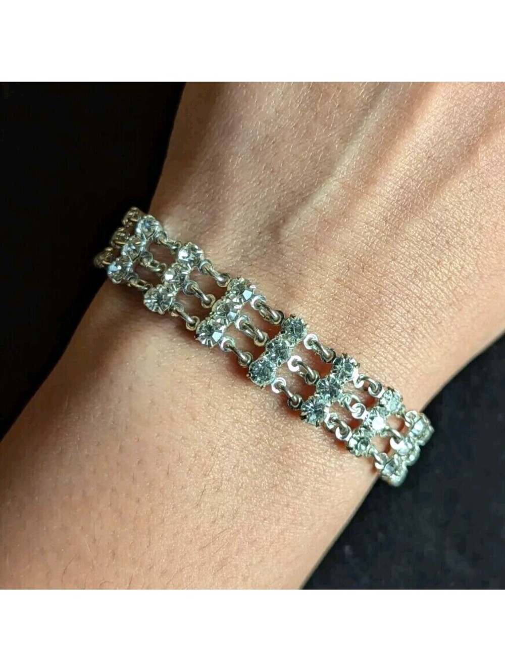 Silver Crystal Gemstone Tennis Style 3 Row Bracelet Minimalist Luxury Glam